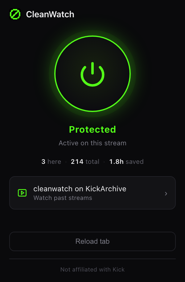 The CleanWatch popup: a power button, the word Protected, a line reading Active on this stream, and counters for ads blocked and time saved.